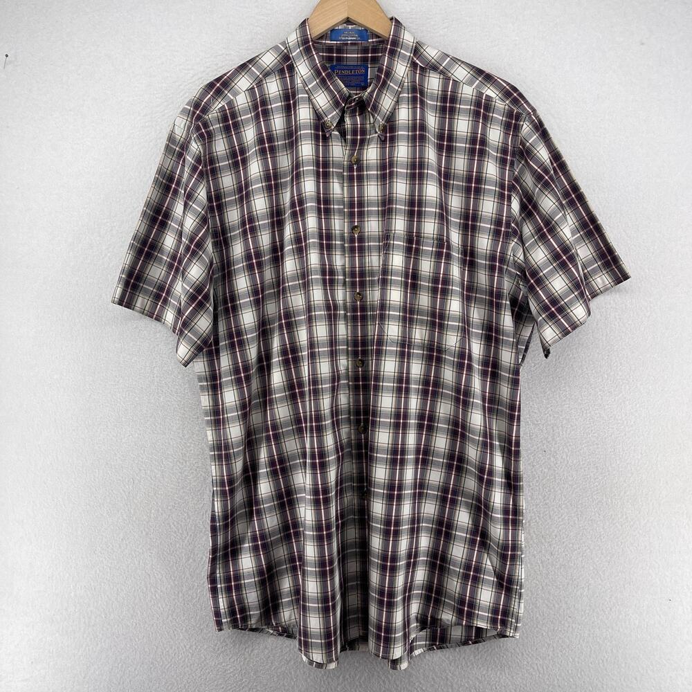 PENDLETON Shirt Mens L Tartan Plaid Button Up Short Sleeve Camp Cotton Red